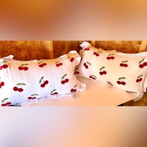 NWT - 2pc Ruffled Cherry Embroidered Print Decor Pillows